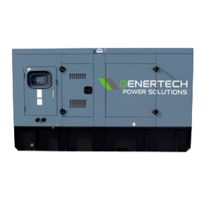 a grey and black Cummins generator with the genertech logo on it (which is a green and grey rhombus with the white text 'Genertech Power Solutions' next to it), the background is transparent.