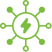a green outline of a atom with a lighting bolt within it.