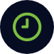 a black circle that contains a green drawing of a clock within it.