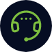 a black circle that contains a outline of a head set with three dots under the headband.