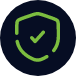 a black circle that contains a green outline of a shield with a tick within it.