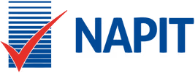 a blue logo with a rectangle on the left of it that's cut apart into strips that gradually get bigger, there it a tick on top of the rectangle. On the right of the logo it reads 'NAPIT' in all caps blue text.
