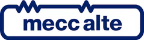 a dark blue logo that's text which reads 'mecc alte', contained within a rectangle with corners that are smoothed off, there is three jagged spikes going up from the top of the rectangle..