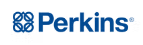 a blue logo that is text that reads 'Perkins', only the 'P' is capitalised. To the left of the text there is a outline of a square on it's site with circles attached to each face (4 circles in total).