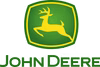 a logo which is green all caps text that reads 'JOHN DEERE', above the text there is a round square that's green with a yellow outline within it, the outline is attached to a yellow deer.