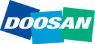 a logo that is white all caps text that reads 'DOOSAN', the text is on top of three squares, one dark blue, one light blue, and one green, they aren't aligned straightly.