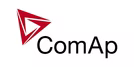 a logo which is the text 'ComAp' in black, the C and A are capitalised. next to the text on the left there is a red triangle with a white triangle cut out of it, there are three cuts in the red triangle that lead to the white one.