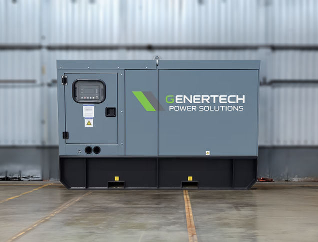 a grey Genertech Cummins generator, the bottom quarter is black and it has the genertech logo on the right of it (a green and grey rhombus with white text that says 'Genertech Power Solutions', the 'G' in 'Genertech' is green). It's against a metal wall and the floor is made of concrete and is covered in rain.