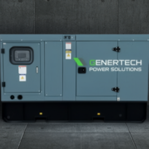 a 110 kVA diesel generator up against a wall on a site, it's got the genertech logo on the front of it.