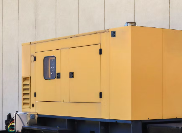 a stock image of a heavy duty yellow generator that has doors on the front which lead to the control panel.