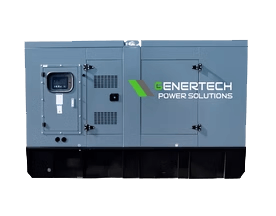 A low resolution image of a grey and black diesel generator with the genertech logo which is a green and grey rhombus with text white text under it saying 'Genertech Power Solutions', the 'G' in 'Genertech' is green.