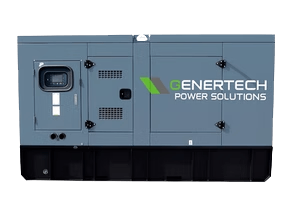 A low resolution image of a grey and black diesel generator with the genertech logo which is a green and grey rhombus with text white text under it saying 'Genertech Power Solutions', the 'G' in 'Genertech' is green.
