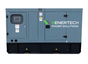 A low resolution image of a grey and black diesel generator with the genertech logo which is a green and grey rhombus with text white text under it saying 'Genertech Power Solutions', the 'G' in 'Genertech' is green.