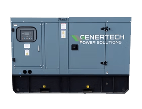 A low resolution image of a grey and black diesel generator with the genertech logo which is a green and grey rhombus with text white text under it saying 'Genertech Power Solutions', the 'G' in 'Genertech' is green.