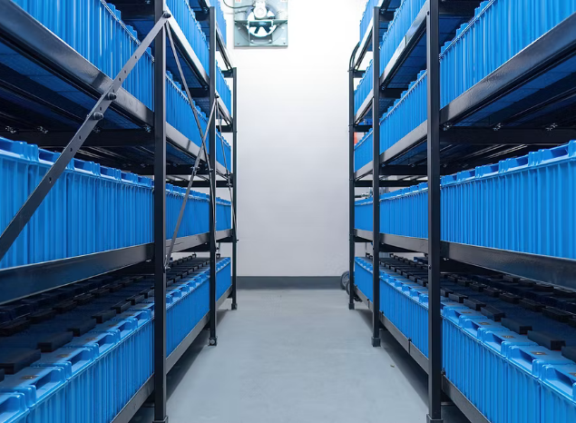 A closeup of black shelves which are filled with blue industrial backup batteries.