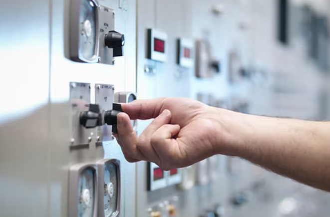 A hand twisting a switch on the controls of a substation.