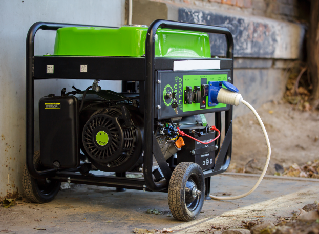 a stock image of a green and black portable generator that has wheels on the bottom so that it's easy to transport.