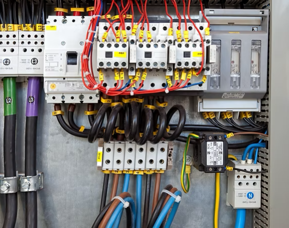 A circuit breaker for a industrial control panel, it has many buttons on it and switches as well as a lot of wires that are many different colours (mostly orange and black).