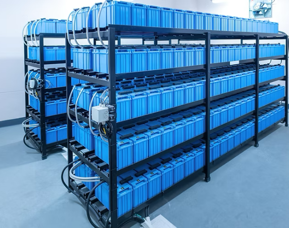 A room with white walls and a greyish blue floor that's full of black shelves which are filled with blue industrial backup batteries.