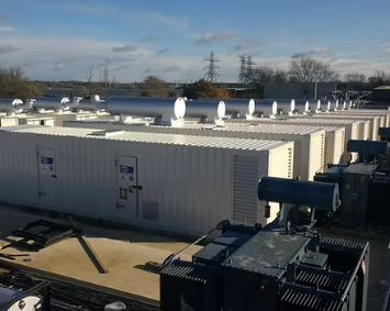 A site that's full of white 20kVA generators that are lined up with gaps between them.