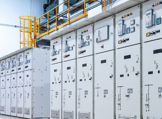 A row of grey power distributors that are used in electrical substations to control electricity.